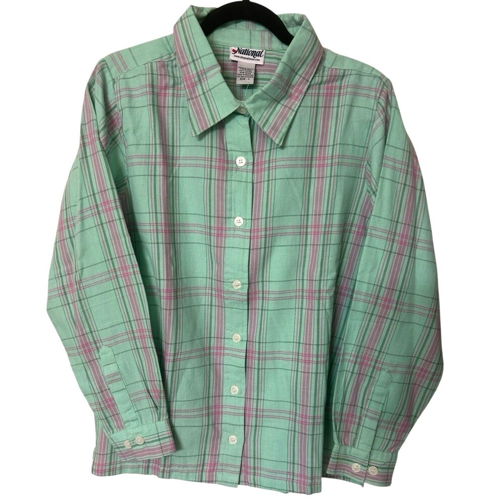 National Womens Sz L Plaid Mint Green Pink Button Down Cotton Long Sleeves Top